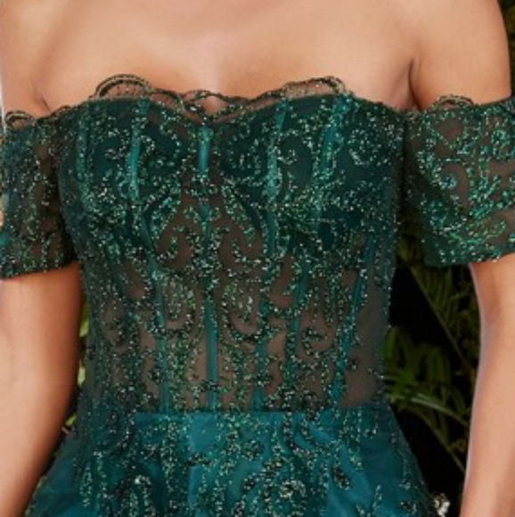 New long emerald, platinum, rose gold off the shoulder glitter tulle lace up - Picture 2 of 9